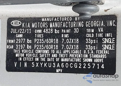 2012 Kia Sorento Ex z USA, uszkodzony, nr VIN 5XYKU3A60CG225714